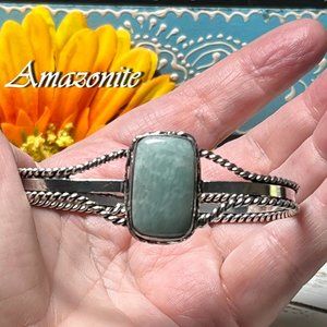Amazonite Bracelet Cuff Bangle Handmade Gemstone 925 Silver Bohemian Cowboy New!